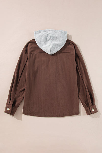 Pale Khaki Hooded Drawstring Pockets Corduroy Shacket