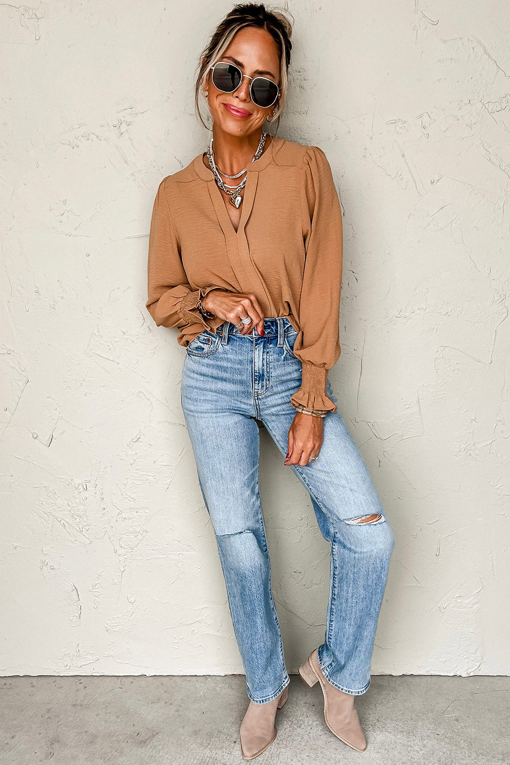 Rose Red Solid Color Shirred Cuff Notch V Neck Blouse