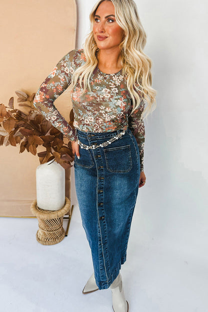 Black Floral Print Mesh Fitted Long Sleeve Top