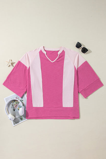 Straw Yellow Textured Colorblock 3/4 Sleeve Oversize Top