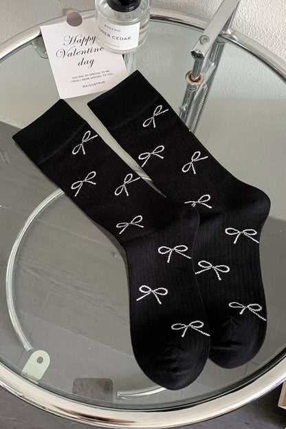 White Bow Knot Print Ribbed Crew Socks
