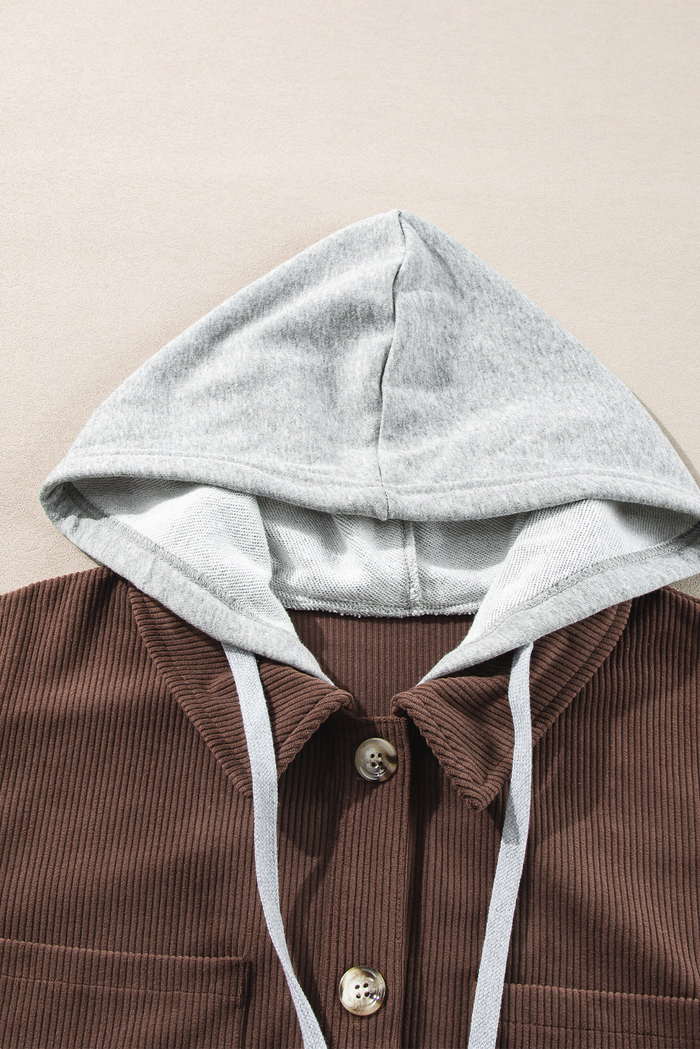 Pale Khaki Hooded Drawstring Pockets Corduroy Shacket