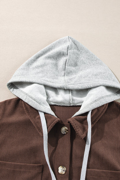 Pale Khaki Hooded Drawstring Pockets Corduroy Shacket