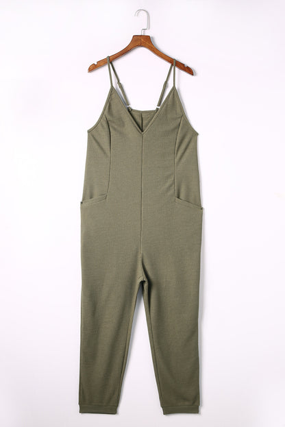 Gray Textured Sleeveless V-Neck Pocketed Casual Jumpsuit