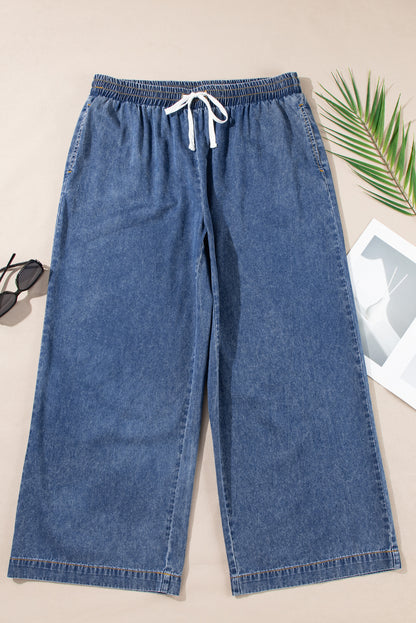 Dusk Blue Plus Size Drawstring High Waist Straight Leg Jeans