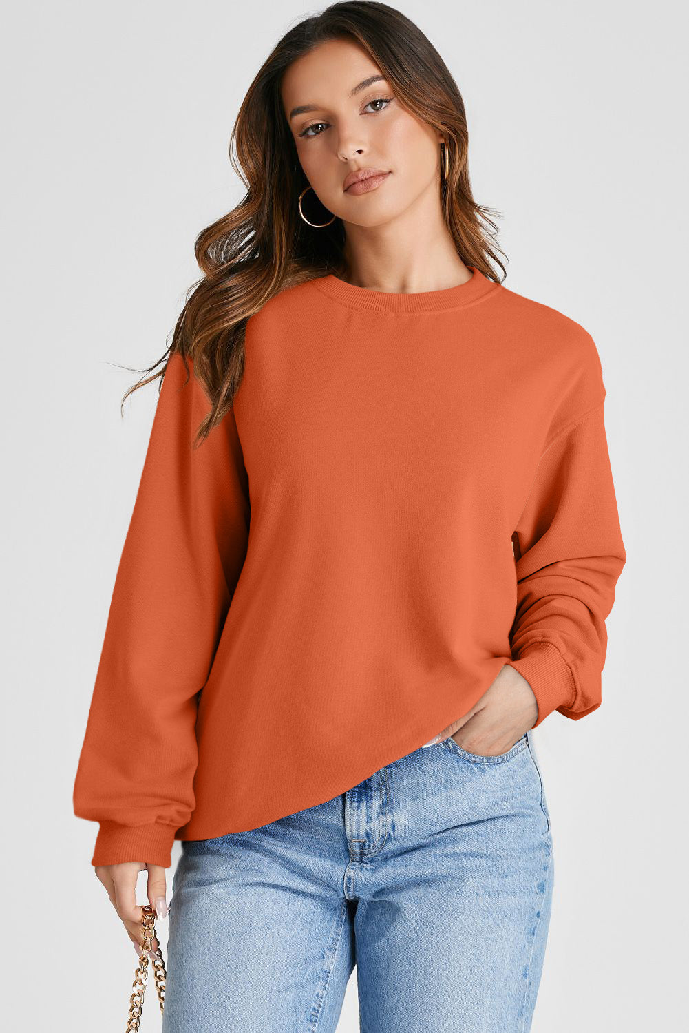 Navy Blue Plain Drop Shoulder Crewneck Pullover Sweatshirt
