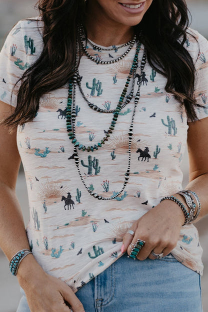 Beige Western Cactus Print Crew Neck Short Sleeve Top