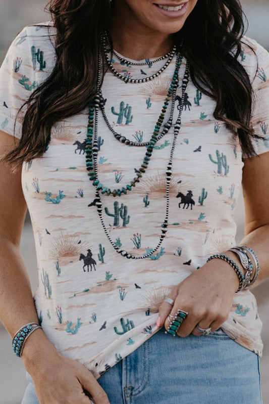 Beige Western Cactus Print Crew Neck Short Sleeve Top
