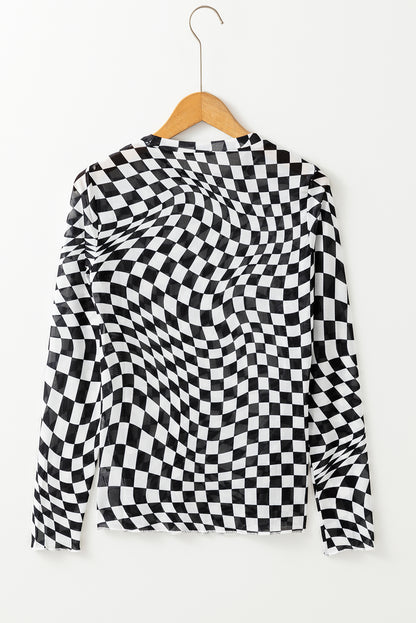 Khaki Checkered Pattern Mesh Mock Neck Long Sleeve Top