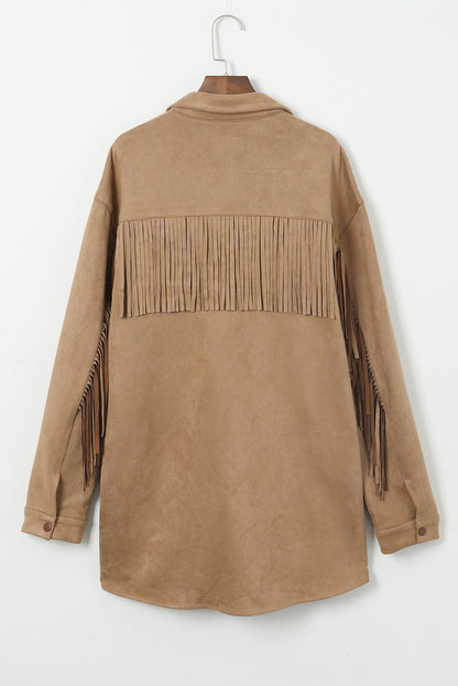 Khaki Fringe Trim Plus Size Suede Shacket