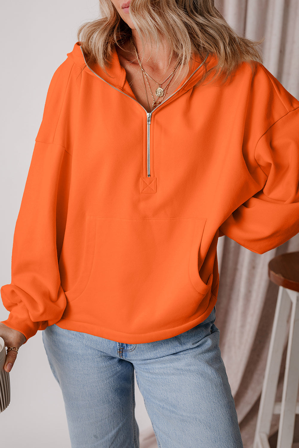 Bonbon Fleece Lined Half Zipper Kangaroo Pockets Loose Hoodie