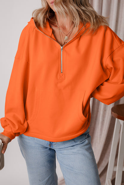 Bonbon Fleece Lined Half Zipper Kangaroo Pockets Loose Hoodie