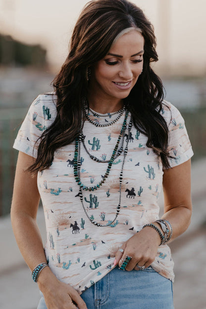 Beige Western Cactus Print Crew Neck Short Sleeve Top