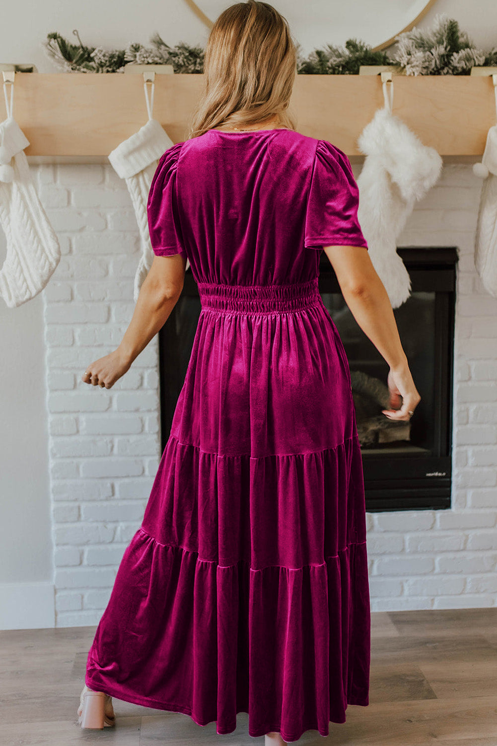 Prussian Blue Velvet Short Sleeve Shirred Waist Tiered Maxi Dress