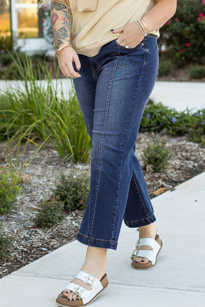 Navy Blue Plus Size Seamed Wide Leg High Waist Jeans