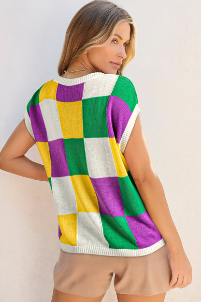 Dark Green Color Block Cap Sleeve Sweater