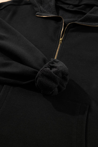 Bonbon Fleece Lined Half Zipper Kangaroo Pockets Loose Hoodie