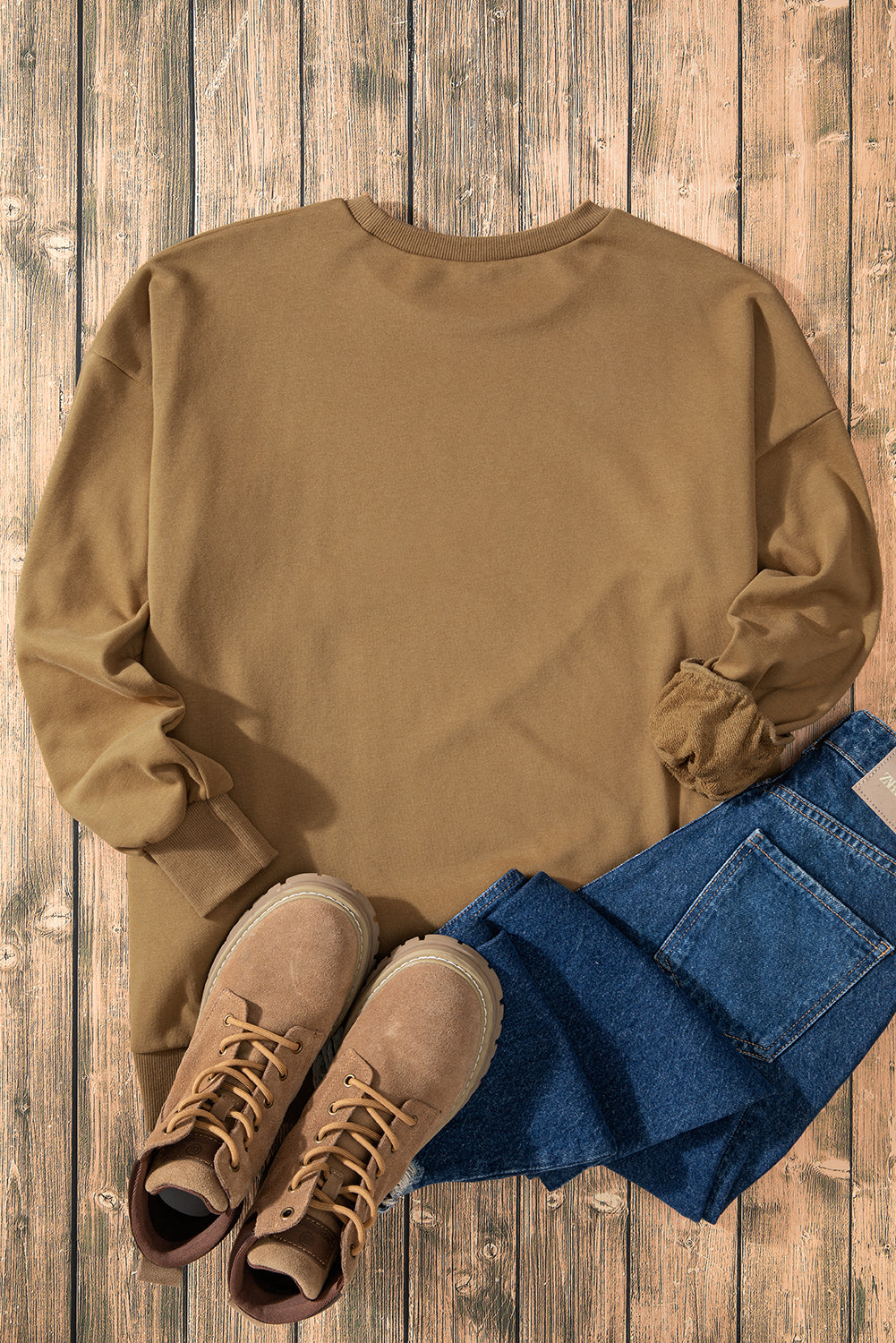 Parchment Solid O Neck High Low Hem Pullover Sweatshirt