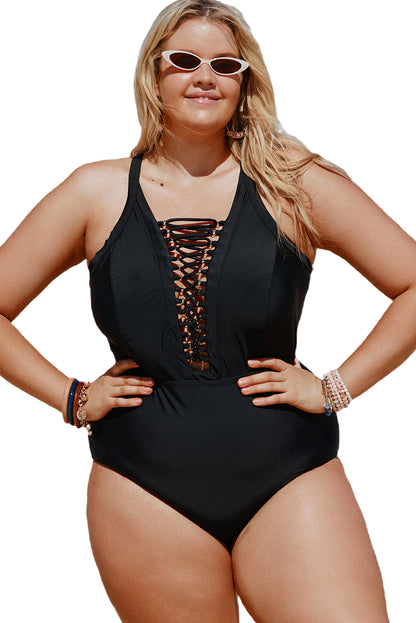 Solid Black Crisscross Plunge V Neck Plus Maillot Swimwear