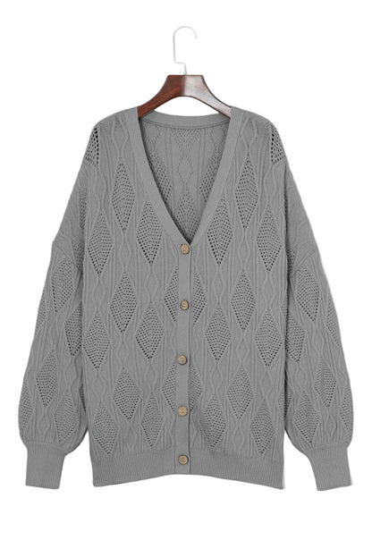 Apricot Plus Size Knitted Hollow Out Button Up Cardigan