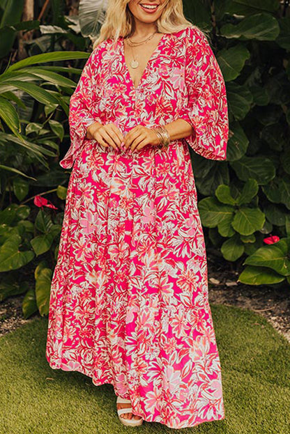 Rose Plus Size Floral V Neck Wide Sleeve Maxi Dress