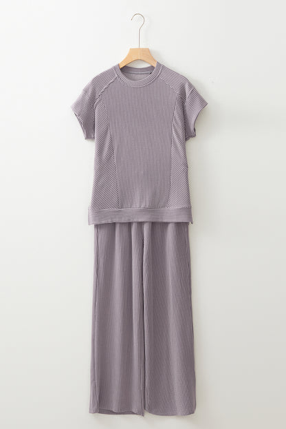 Wild Wind Solid Corded Knit Short Sleeve T Shirt and Wide Leg Pants Set
