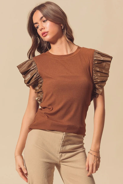 Black Leather Ruffle Sleeve Patchwork Round Neck Blouse