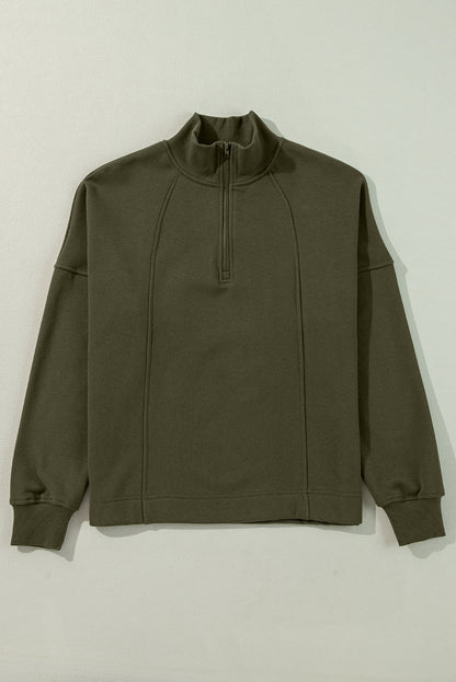 Smoke Gray Zipped Neck Pullover Drop Shoulder Sweatshirt