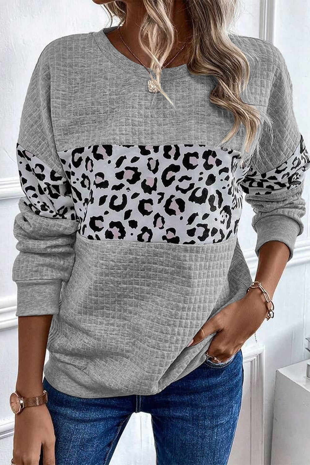 Parchment Leopard Quilted Patchwork Crew Neck Sweatshirt