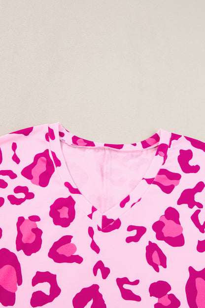 Pink Leopard Print V Neck Plus Size Tee