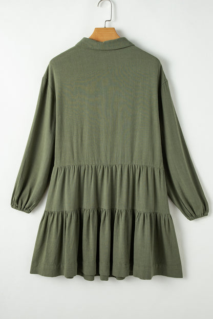 Tan Puff Sleeve Buttoned Tiered Pleated Shirt Mini Dress