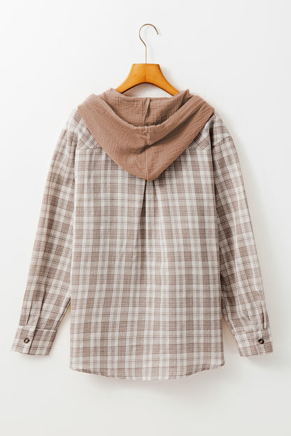 Green Checkered Print Loose Fit Buttoned Hooded Shacket