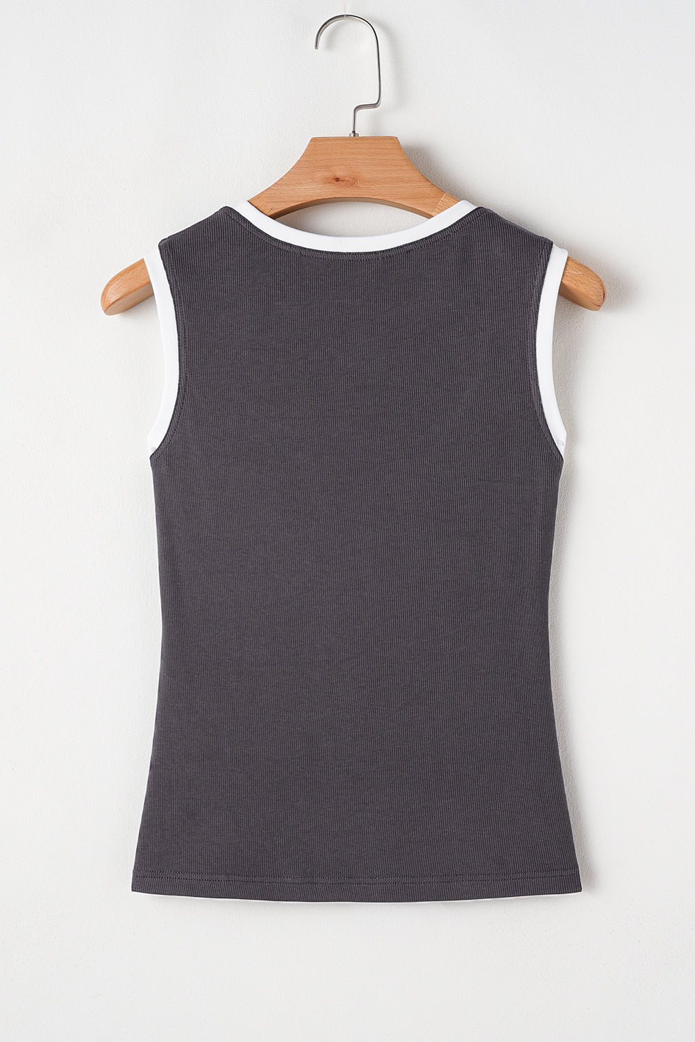 Smoke Gray Ribbed Knit Colorblock Edge U Neck Slim Fit Tank Top