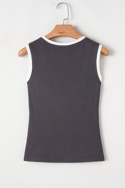 Smoke Gray Ribbed Knit Colorblock Edge U Neck Slim Fit Tank Top