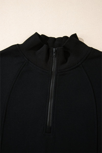 Smoke Gray Zipped Neck Pullover Drop Shoulder Sweatshirt