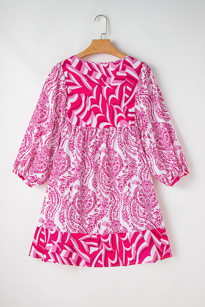 Orange Bohemian Print Puff Sleeve Tied V Neck Flared Mini Dress