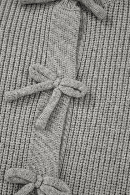 Fiery Red Ribbed Knit Bow Front Buttoned Cardigan