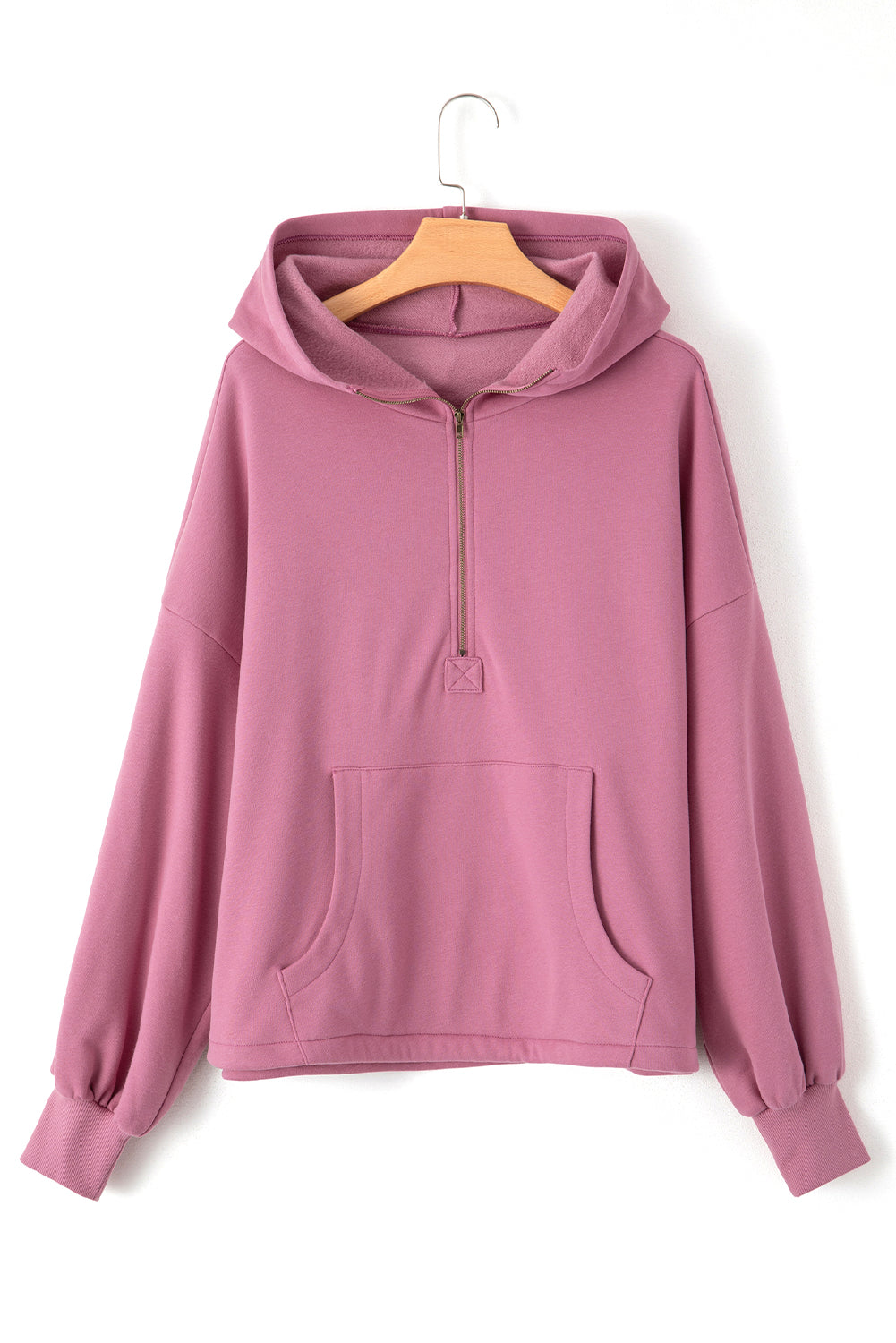 Bonbon Fleece Lined Half Zipper Kangaroo Pockets Loose Hoodie