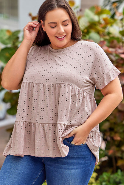 Pink Plus Size Eyelet Pattern Ruffle Sleeve Babydoll Top