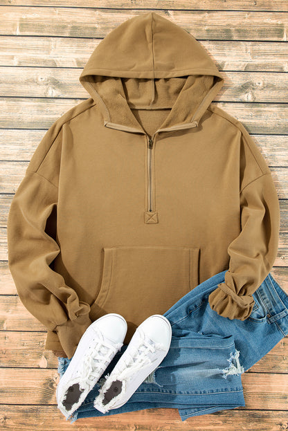 Bonbon Fleece Lined Half Zipper Kangaroo Pockets Loose Hoodie
