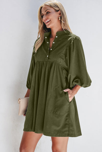 Gold Flame Corduroy Snap Buttons Empire Waist Bracelet Sleeve Dress