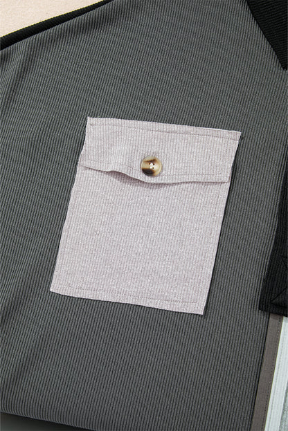 Pink Colorblock Ribbed Collared Oversized Sweatshirt