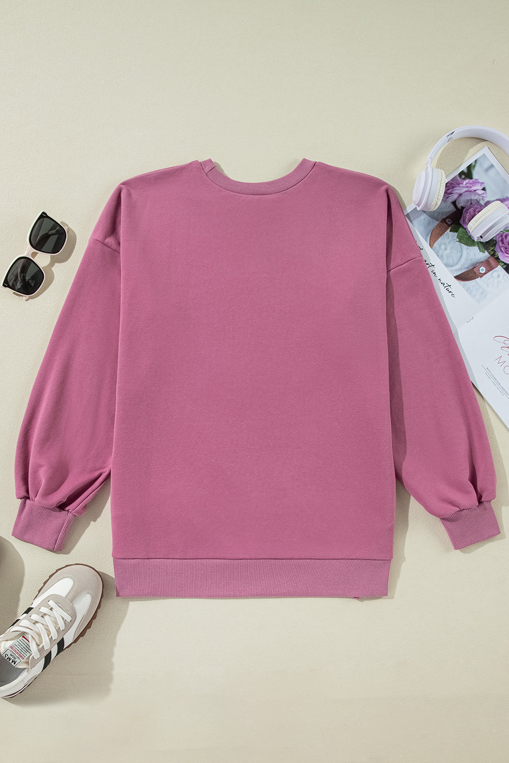 Parchment Solid O Neck High Low Hem Pullover Sweatshirt