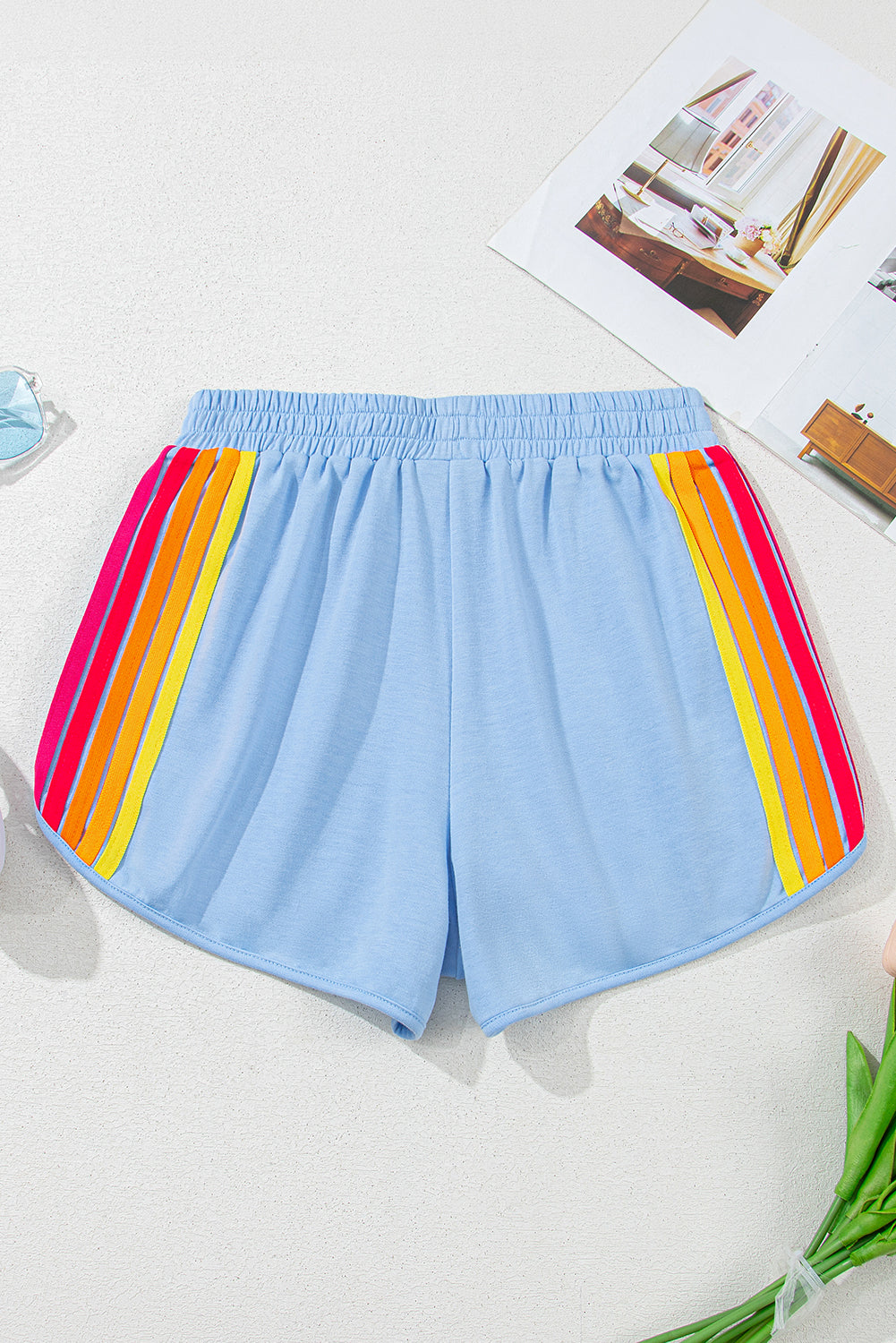Bonbon Color Block Stripes Elastic High Waist Active Shorts