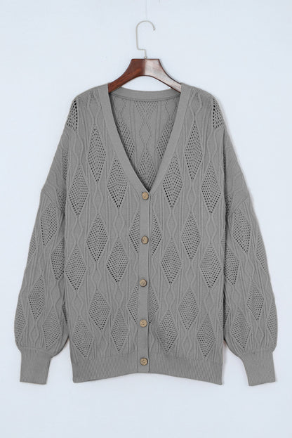 Apricot Plus Size Knitted Hollow Out Button Up Cardigan