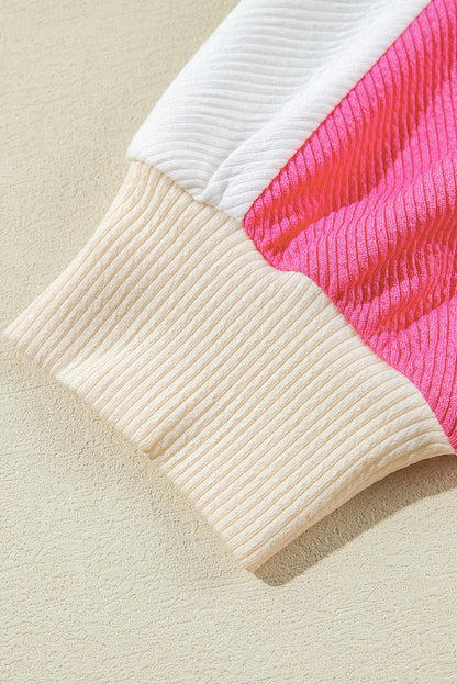 Pink Colorblock Ribbed Collared Oversized Sweatshirt