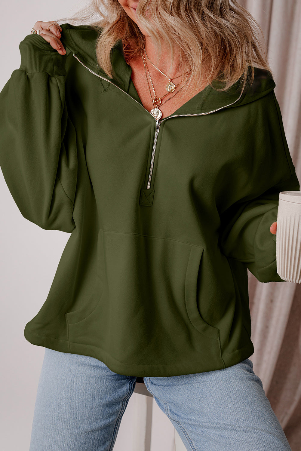 Bonbon Fleece Lined Half Zipper Kangaroo Pockets Loose Hoodie