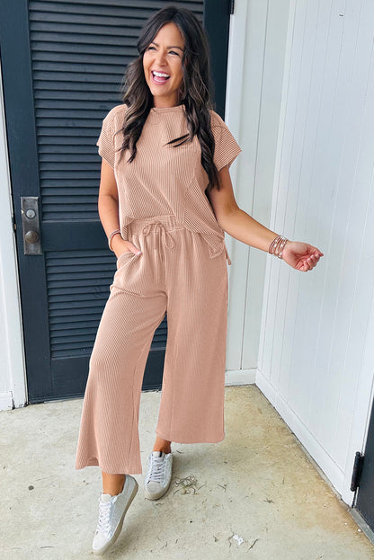 Wild Wind Solid Corded Knit Short Sleeve T Shirt and Wide Leg Pants Set