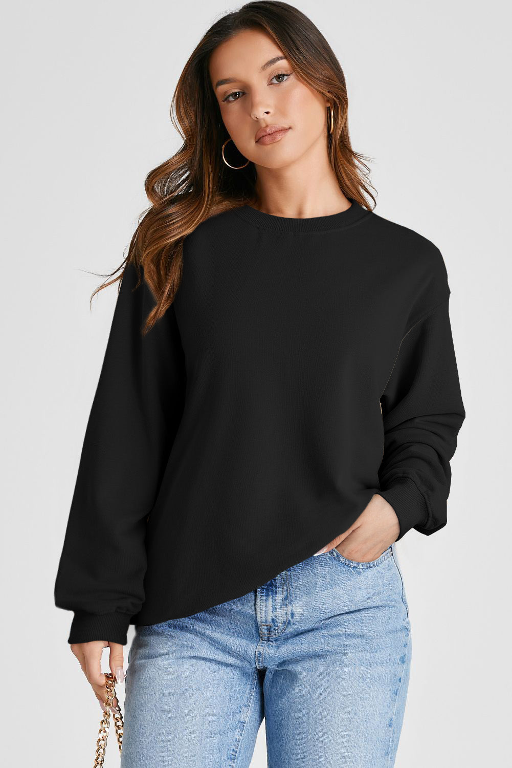 Navy Blue Plain Drop Shoulder Crewneck Pullover Sweatshirt