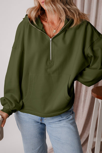 Bonbon Fleece Lined Half Zipper Kangaroo Pockets Loose Hoodie